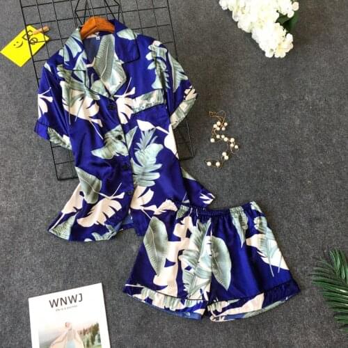Summer Pajamas Silk Print Sweet Women Sleepwear Set Girl Nightwear short tops+pants Silk Pajamas Sets