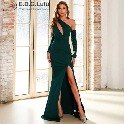 EDGLuLu Sexy One Shoulder Long Sleeve Hollow Out Floor Length Dress For Women Split Maxi Long Mermaid Evening Party Dress 0628