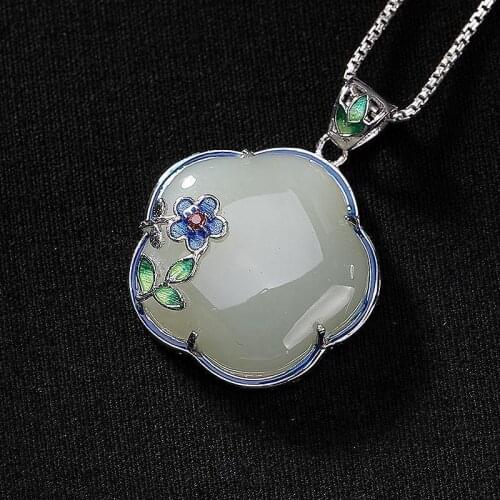 Retro Style S925 Sterling Silver Classical Hetian Jade White Jade Plum Blossom Small Exquisite Jade Pendant Coat Chain Pendant