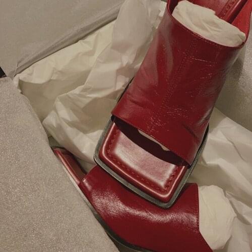 Medium Heel Square Toe Slippers Red Leather Open Toe Slip On Summer Casual Outdoor Slides Metal Thin Medium Heel Shoes