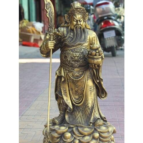 62cm Pure Bronze Dragon Guan Gong Yu Warrior God Treasure bowl Sword Statue 02017