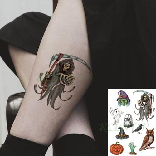 Waterproof Temporary Tattoo Sticker Halloween Grim Reaper Owl Pumpkin Lantern Fake Tatto Flash Tatoo Art for Women Men