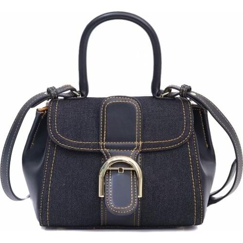 FIRMRANCH Womens Messenger bag 2021 Denim Stitching PU Exquisite Belt Buckle Retro One-Shoulder Portable Saddle Bag Girl Gift