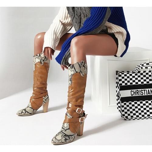 2020 Snake Mixed Colors High Heels Knee High Boots Women Pleated European Western Boots Buckle Autumn Winter Shoes Woman MAZIAO