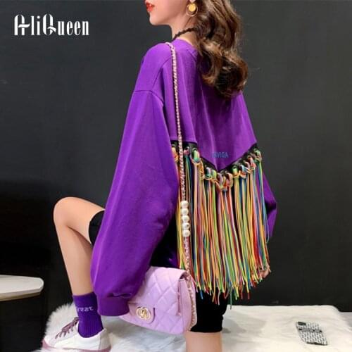 Autumn Spring Women Fashion Colorful Patchwork Tassel Sweatshirt Female O Neck Long Sleeve Black Loose Streetwear Pullovers Top