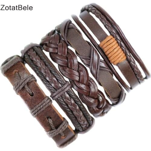 ZotatBele Wholesale 5Pcs Handmade Brown Leather Bracelets Multilayer Braid Wrap Bracelets Bangle Male Rope Chain Men Jewelry F29