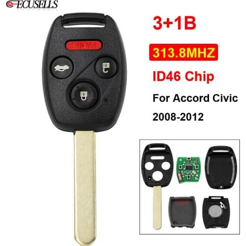 3+1/4 Button Remote Smart Car Key 313.8Mhz with ID46 Chip Uncut Blade for Honda Accord Civic 2008 2009 2010 2011 2012