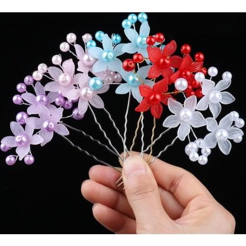 5pcs/ Lot Yellow Pink Bridal Wedding Hair Pin Colorful Pearl Flower Hair Clip Hair Ornaments Jewelry Headpiece Bride Accessories