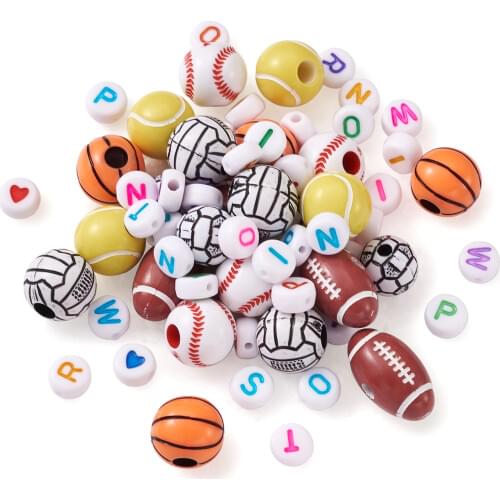 630pcs/set Colorful Opaque Acrylic Sport Beads Mixed Flat Round Heart Letter Basketball Volleyball Football Baseball Beads Shape