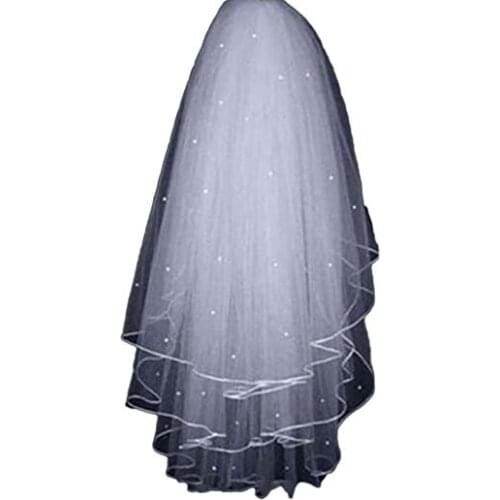 White Ivory Wedding Bridal Veil 3 Layers with Pearls Beaded Ribbon Edge Veils for Brides
