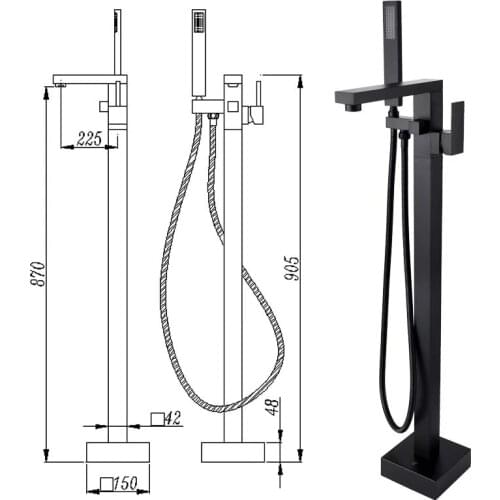 Free ship Matte black Bathroom Floor Mount Bath Clawfoot Tub Filler Faucet Handshower Bathtub tap Square