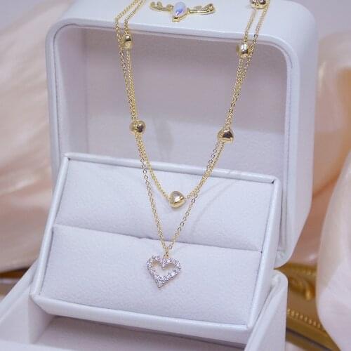Female Elegant Double Layer Heart Zircon Necklace Gold Color Clavicle Chain Charm Necklace Women Fashion Wedding Bridal Jewelry