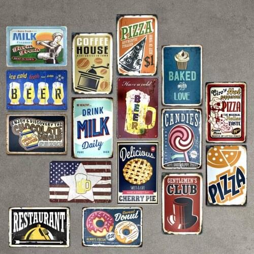 Food Drink Beer Candies Pizza Retro Plaque Metal Tin Signs Bar Kitchen Pub Cafe Wall Decor Vintage Nostalgia Plates