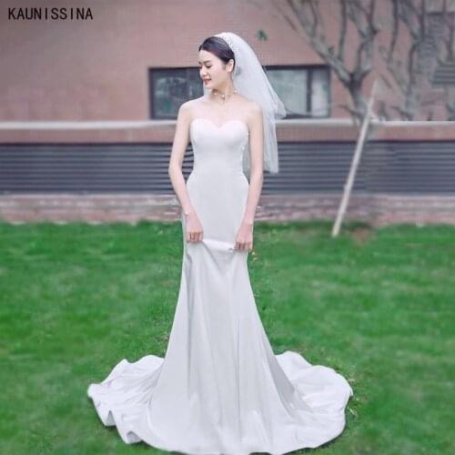 KAUNISSINA Long Mermaid Wedding Dress Strapless Retro Court Train Wedding Dresses for Women White Satin Bride Gowns Vestido Robe