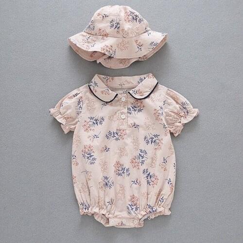 Floral Romper for Girls Clothes Summer Vintage Linen Cotton Infant Petal Collar Bodysuit for Toddler Girls Clothing Set Children