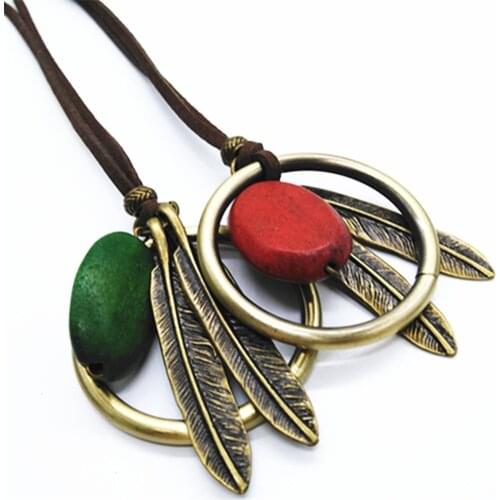 Red Leaf Green Round Circle Gold Color Fashion Charms Vintage Pendant Leather Pendants Necklace Women Sweater Chain Jewelry