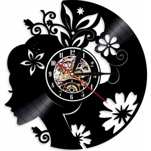 Beauty Girl Vinyl Record Wall Clock Beautiful Lady With Flower Time Clocks Watch LED Black Light Modern Home Decor Unique Gift