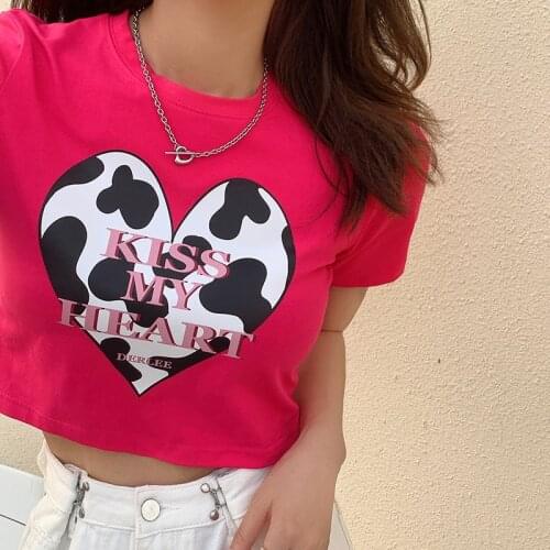 Heart Print Letter Y2K Crop Tops Kawaii Casual Harajuku Vintage Cute Cartoon Sweet Girls Japan Streetwear Fun Cow Female T-Shirt