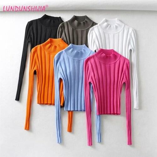 LUNDUNSHIJIA 2020 Spring Autumn Ladies Long Sleeve Short Slim Stand Collar Pullover Tops Women Sexy Knitwear Tops 6 Colors
