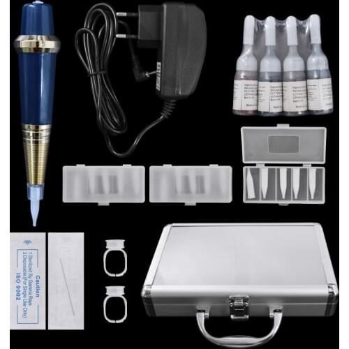 Tattoo Permanent Makeup Machine Pen Kit Gun Eyebrow Lip Eyeliner Microblading with Inks Tattoo Needles Tips Adapter Set
