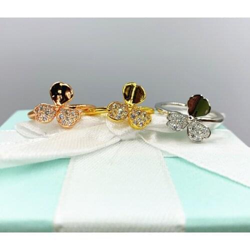 S925 Sterling Silver Zircon Clover Rings High Quality 1:1 With Logo Birthday Party Valentines Day Gift Women Jewelry