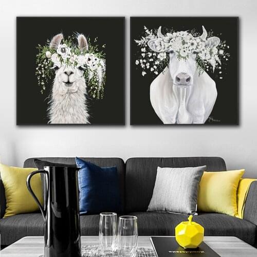 Nordic animals wall art pictures Alpaca cow canvas printed painting cuadros poster kids room decoration