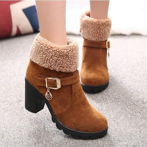 2021 New Autumn Winter Womens Shoes Ankle Boots Plush Ladies Womens Boots Super High Square Heel High Quality Rubber Boots