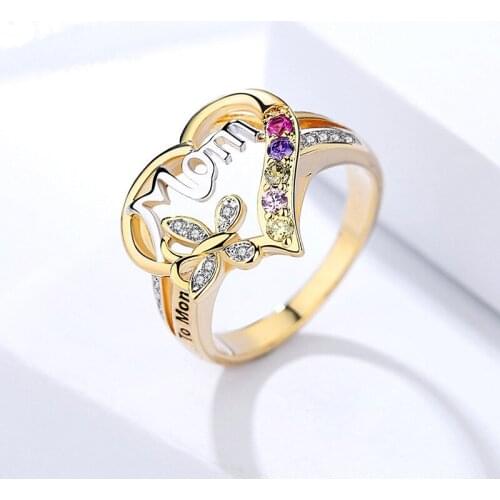 New Women Rings Mother Day Gift Alloy Crystal Inlay Fashion Rings Heart Shaped Letter Mom Jewelry Accessories