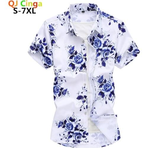 The New White Short Sleeved Print Shirt for Summer Mens Plus Size Single breasted Square Collar Shirt Is Casual Camisa/Chemise