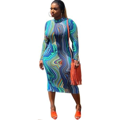 Autumn Winter Fashion Print Bodycon Midi Dress Women Long Sleeve Sheath Slim Mid-calf Casual Dresses Elegant Day Dress Vestidos