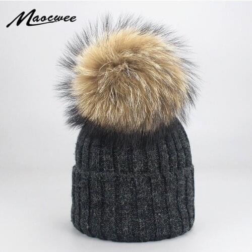 Autumn Winter Women Beanies Hats Raccoon Fur Pom Pom Skullies Caps With Pompom Hat Knitted Cap Crochet Faux Rabbit Fur Hat 2019