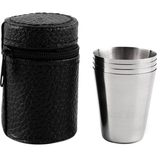 4 Pcs/Set 30/70/180ML Stainless Steel Camping Cup Portable Coffee Wine Mug Outdoor Travel Thermos Cup With PU Leather Cover