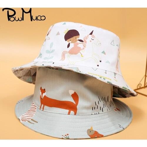 Powmuco Two-sided Printed Newborn Bucket Hats Fashion Cartoon Animal Pattern Baby Girls Fisherman Caps Kids Sunscreen Headwear