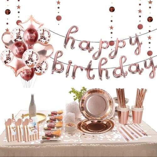 Birthday Party Rose Gold Dinnerware Party Supplies Boy Girl Happy Birthday Tableware Paper Plate Cup Tablecloth Baby Shower Deco