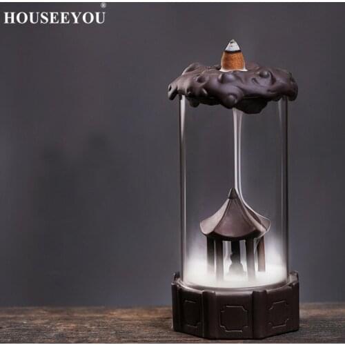 HOUSEEYOU Backflow Glass Incense Burner Creative Home Decoration Tea Ceremony Ceramic Aromatherapy Furnace + 10Pcs Incense Cones