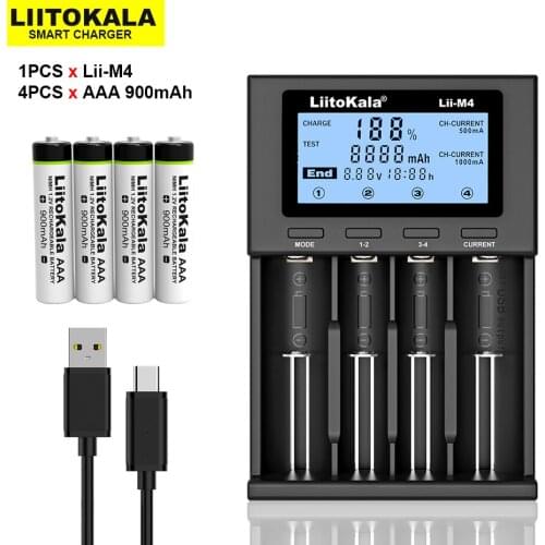 LiitoKala AAA NiMH 900mAh*4PCS 1.2V Rechargeable Battery Suitable for Toys, Mice, Electronic Scales, Etc+Lii-M4 Charger
