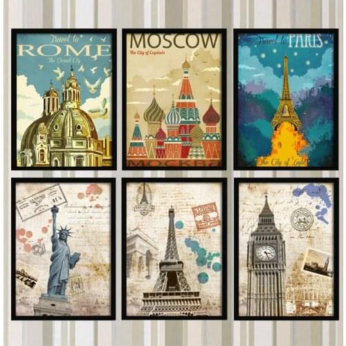 World Famous City Paris New York Moscow Rome European and American-Style Sofa Background Wall Decorative Painting Living Room
