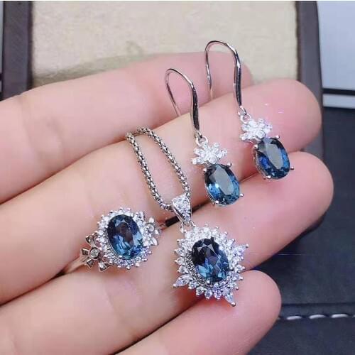 High Quality Blue Topaz Luxury Ring Earrings Pendant Necklace Set S925 Pure Silver Fine Fashion Jewelry for Women Free Shipping