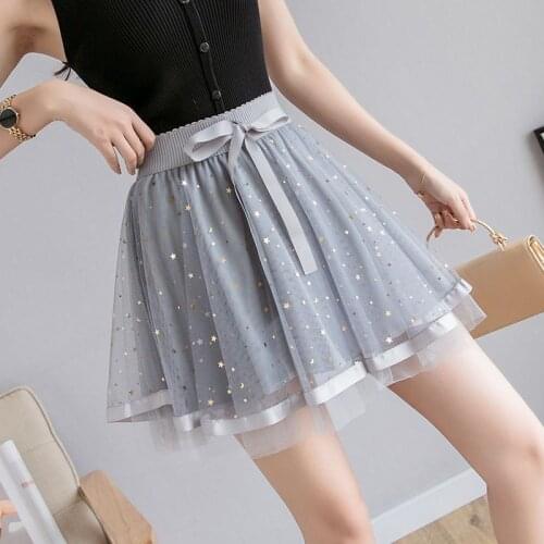 Summer Tulle Skirt Short Star Sequins High Waist A-line Mini Skirt Black Pink White Evening Nigth Party Sexy Skirt Women falda