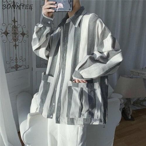 Shirts Women Big Pockets Casual Striped Tops Mujer All-match Spring Long Sleeve Trendy Teenagers Design Korean Style Couple Gray