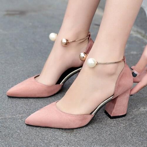 Women Pumps Elegant Pearl High Heels 2020 New White Thick With Single Shoes Middle Hollow Fashion Simple Woman Work Shoes