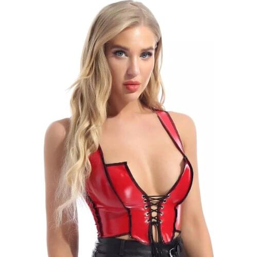 Women Sexy Deep U Shiny Leather Vest Erotic Porn Breast Exposing Glossy Patent Leather Camisole Wetlook Latex Halter Tops Sexi