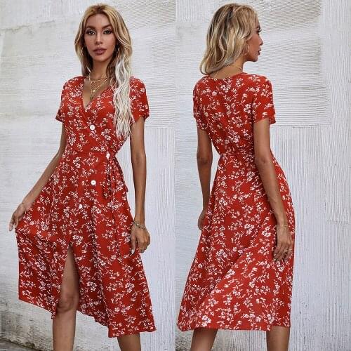Women V-Neck Floral Print Slim Short Sleeve Long Dress Summer Sexy Slit Casual Ladies Button Maxi Dresses 2021 Vestidos Robe New