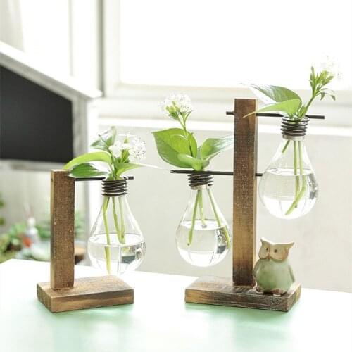 1PC Hydroponic Plant Vases Vintage Flower Pot Transparent Vase Wooden Frame Glass Tabletop Plants Home Bonsai Decor JL 282