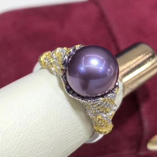 D525 Pearl Ring Fine Jewelry 925 Sterling Silver Round 9-10mm Flawless Nature Fresh Water Purple Pearls Rings for Women Presents