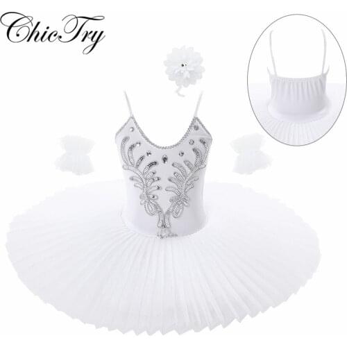 Kids Girls Rhinestone Sequins Beads Ballet Leotard Ballerina Tulle Tutu Dress Swan Dance Costume with Arm Sleeves Hair Clip Set