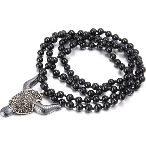 Hip Hop Bull Head Long Sweater Chain Necklaces for Women Men Natural Agates Beads Skull Pendant Long Necklace Jewelry Gift