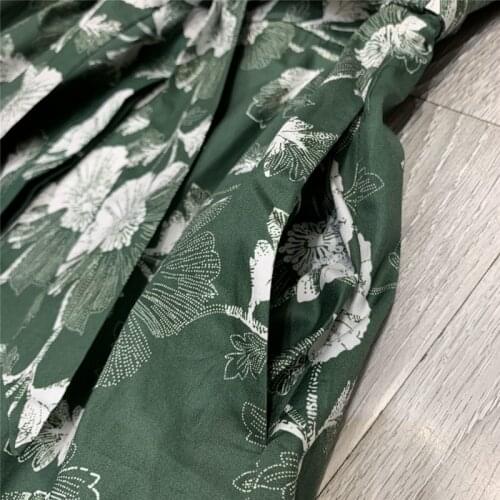 Summer European Dresses Womens Short Sleeves Green Printed Tied Waist Cotton Pocket Midi Party Vestidos