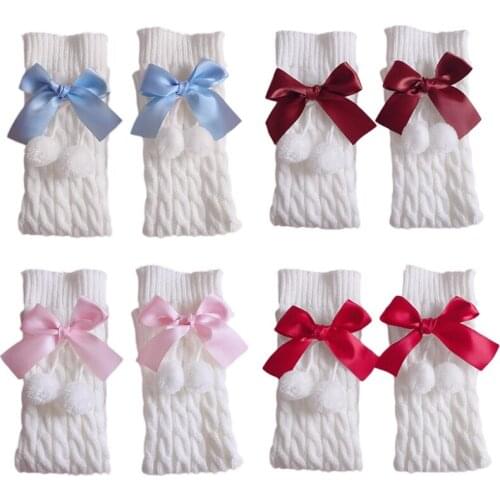Preppy Style Women Girls Leg Warmers Sweet Bow Plush Ball Boot Cuffs Foot Cover Lolita Twist Cable Knit Knee High Socks