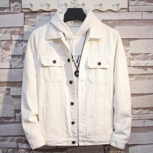 Mens Classic Denim Jacket Autumn Casual Street Pocket Single Breasted White Pink Black Jeans Jacket Coat Fashion Streetwear